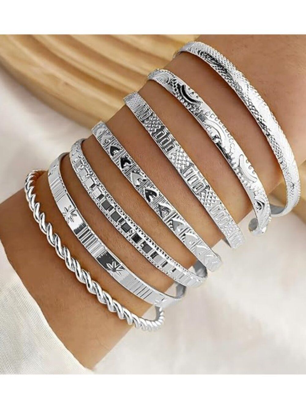 7-Piece Minimalist Silvery Plate Layered Bangle Bracelet Set-Stacking Cuffs